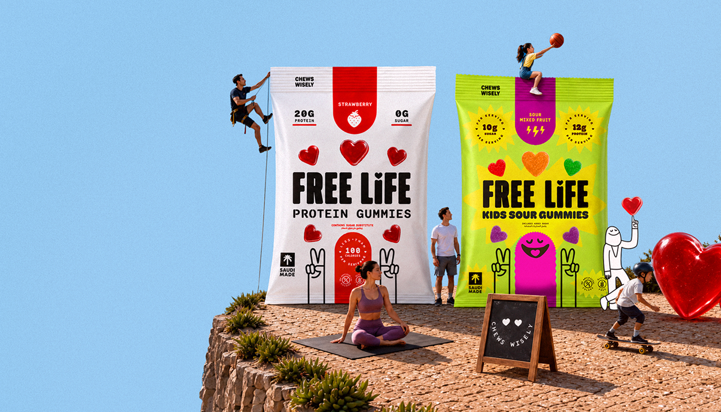 Free Life Protein Gummies and Kids Sour Gummies on a cliff top