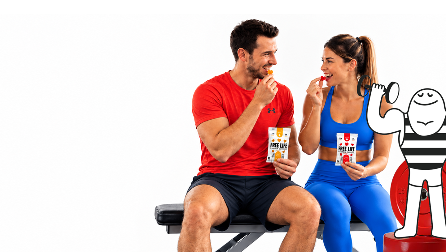 A couple sharing Free Life Protein Gummies after a workout